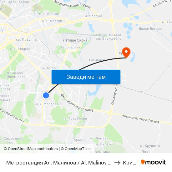 Метростанция Ал. Малинов / Al. Malinov Metro Station (0170) to Кривина map