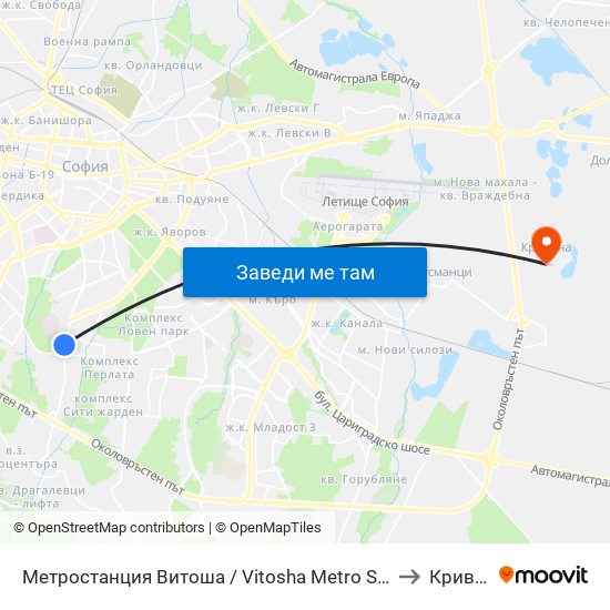 Метростанция Витоша / Vitosha Metro Station (2755) to Кривина map