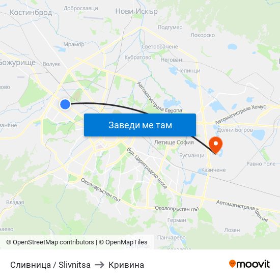 Сливница / Slivnitsa to Кривина map