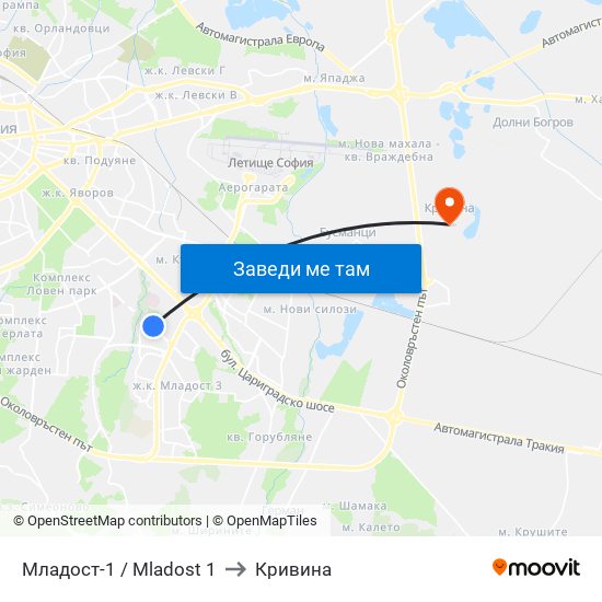Младост-1 / Mladost 1 to Кривина map