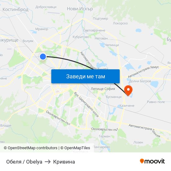 Обеля / Obelya to Кривина map