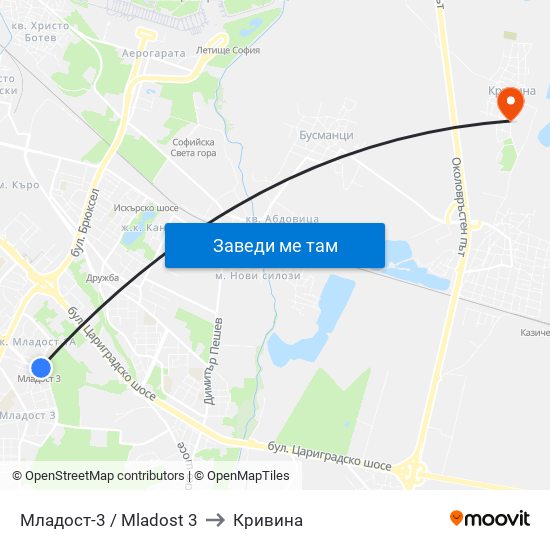 Младост-3 / Mladost 3 to Кривина map
