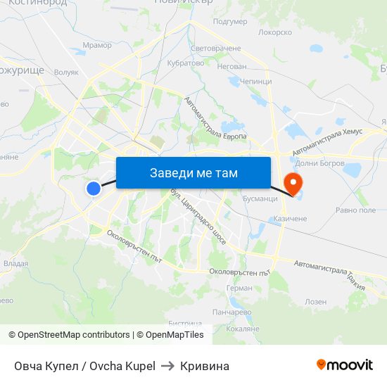 Овча Купел / Ovcha Kupel to Кривина map