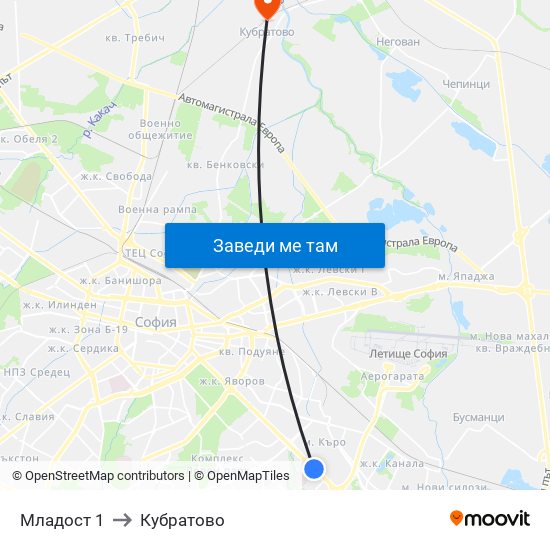 Младост 1 to Кубратово map