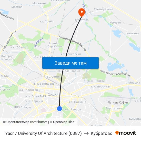 Уасг / University Of Architecture (0387) to Кубратово map