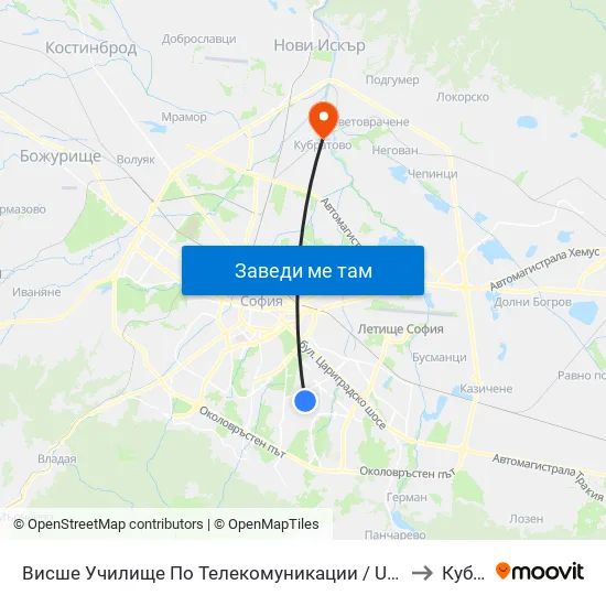 Висше Училище По Телекомуникации / University Of Telecommunications And Post (1396) to Кубратово map