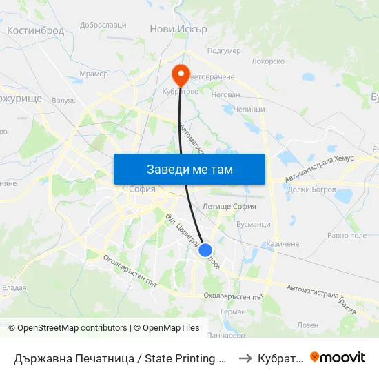 Държавна Печатница / State Printing House (0555) to Кубратово map