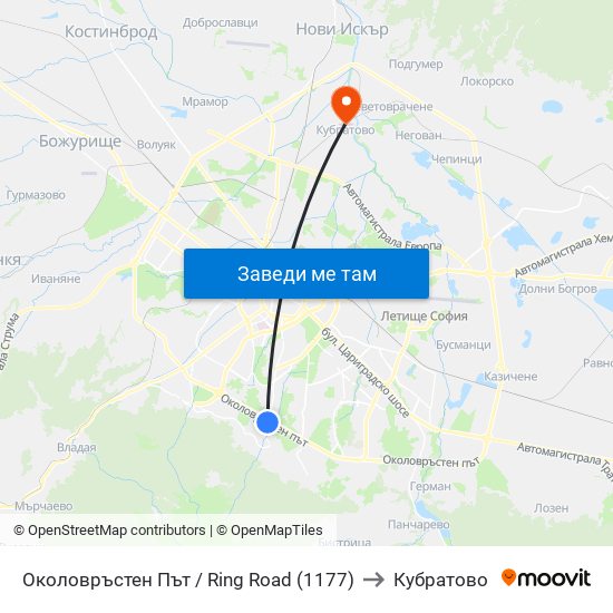 Околовръстен Път / Ring Road (1177) to Кубратово map