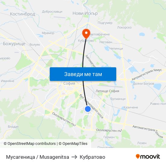 Мусагеница /  Musagenitsa to Кубратово map