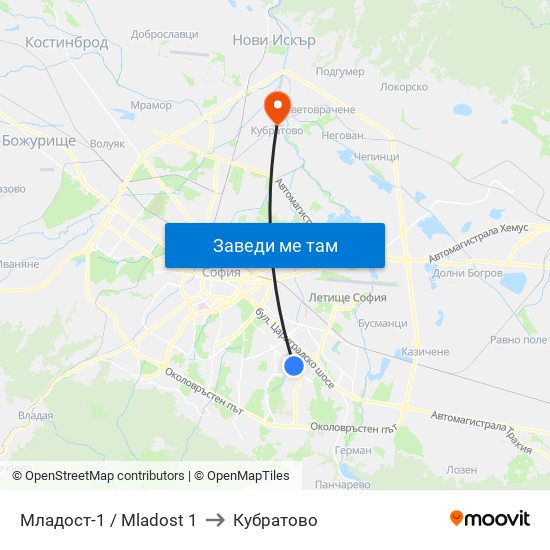 Младост-1 / Mladost 1 to Кубратово map