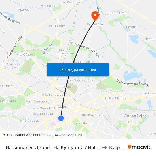 Национален Дворец На Културата / National Palace Of Culture to Кубратово map