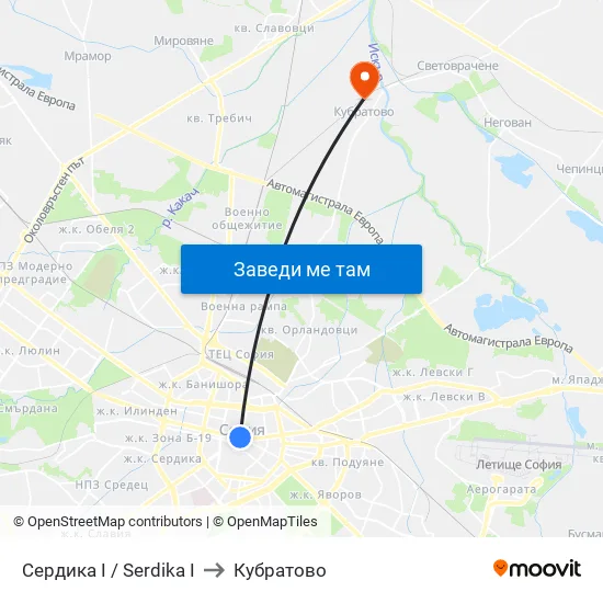 Сердика I / Serdika I to Кубратово map