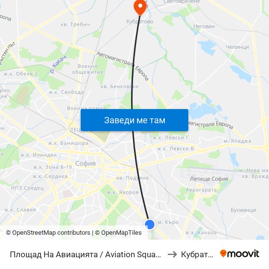 Площад На Авиацията / Aviation Square (1257) to Кубратово map