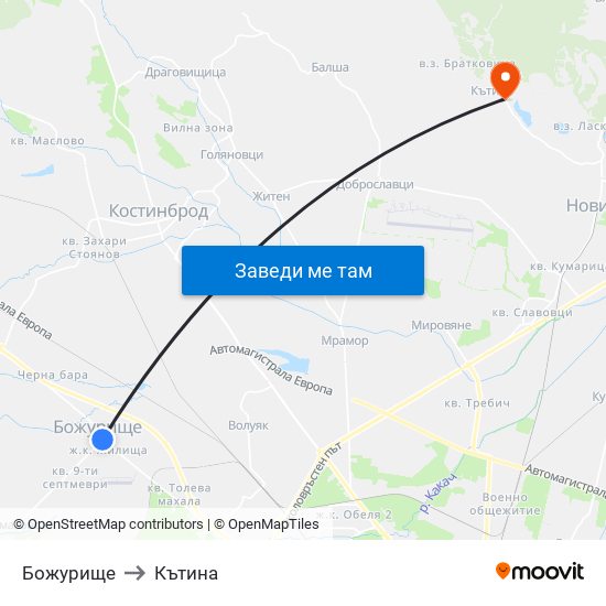 Божурище to Кътина map