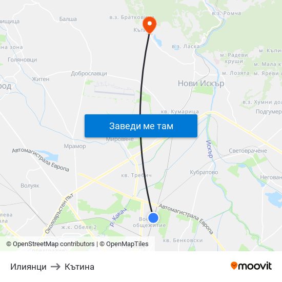 Илиянци to Кътина map