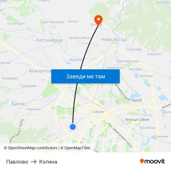 Павлово to Кътина map