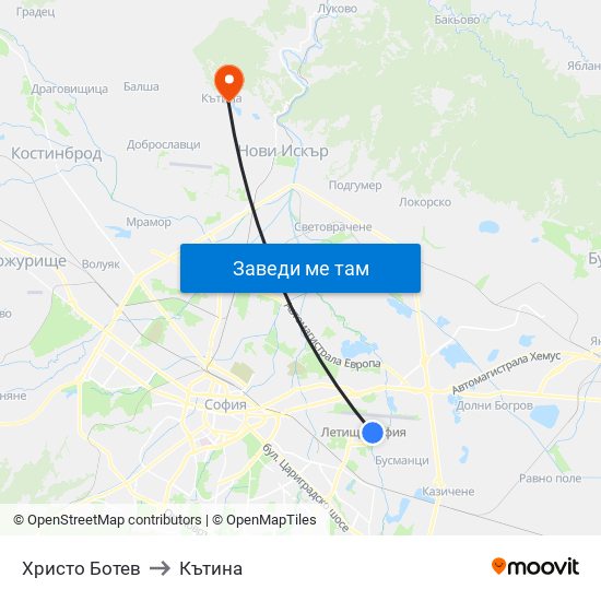 Христо Ботев to Кътина map