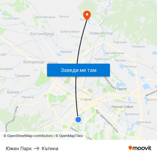 Южен Парк to Кътина map