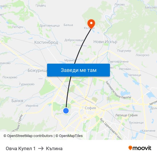 Овча Купел 1 to Кътина map