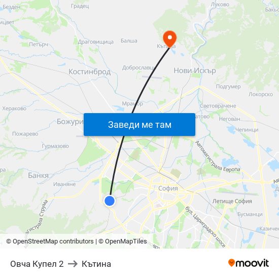 Овча Купел 2 to Кътина map