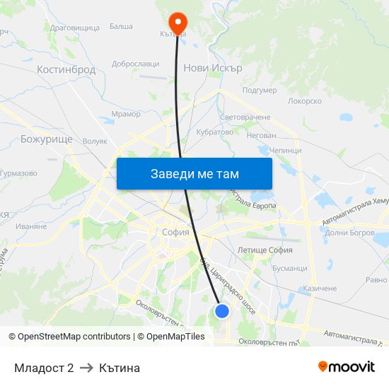 Младост 2 to Кътина map