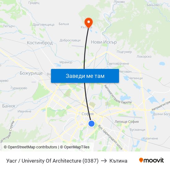 Уасг / University Of Architecture (0387) to Кътина map