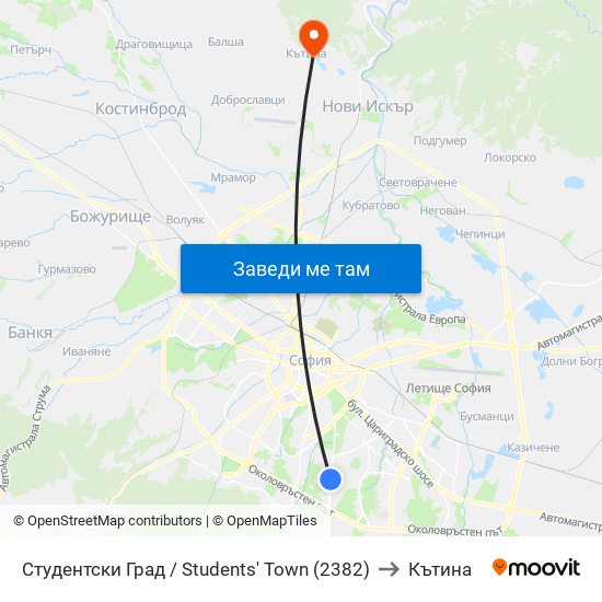 Студентски Град / Students' Town (2382) to Кътина map