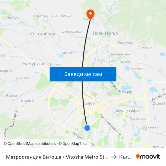 Ⓜ️ Метростанция Витоша / Vitosha Metro Station (2654) to Кътина map