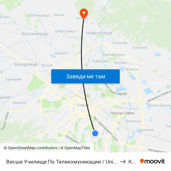 Висше Училище По Телекомуникации / University Of Telecommunications And Post (1396) to Кътина map