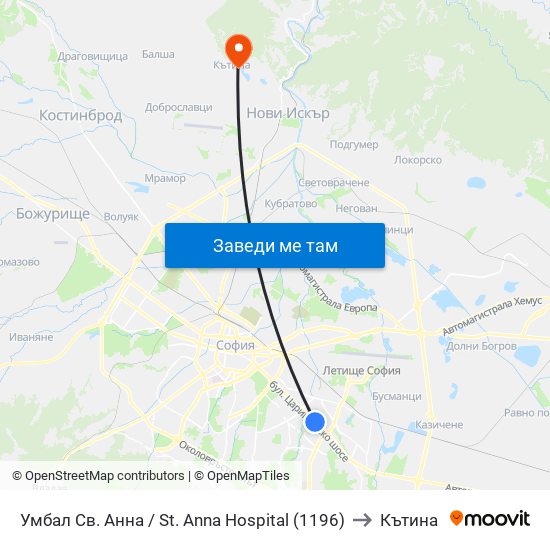 Умбал Св. Анна / St. Anna Hospital (1196) to Кътина map
