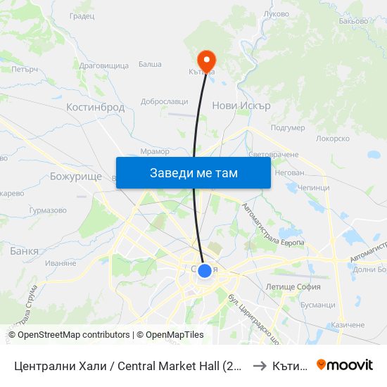 Централни Хали / Central Market Hall (2337) to Кътина map