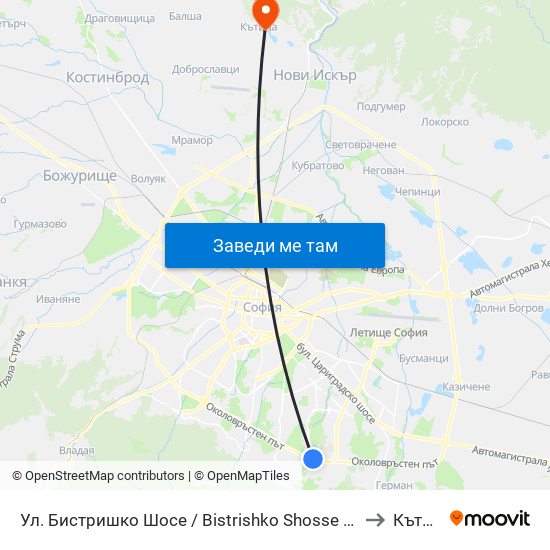 Ул. Бистришко Шосе / Bistrishko Shosse St. (0864) to Кътина map