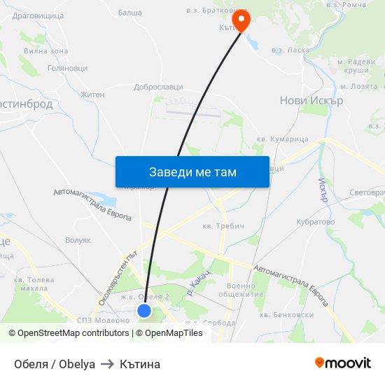 Обеля / Obelya to Кътина map