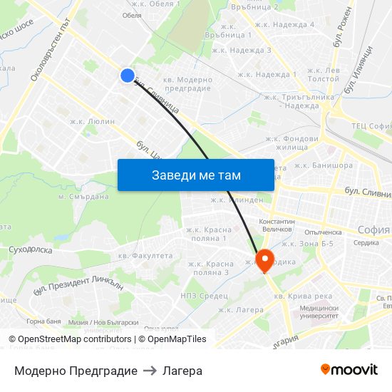 Модерно Предградие to Лагера map