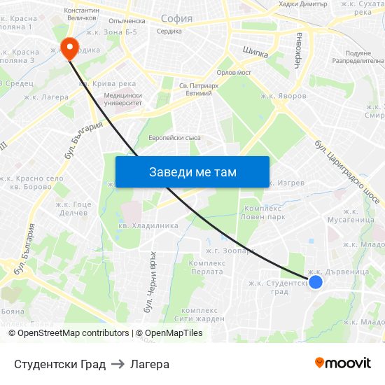 Студентски Град to Лагера map