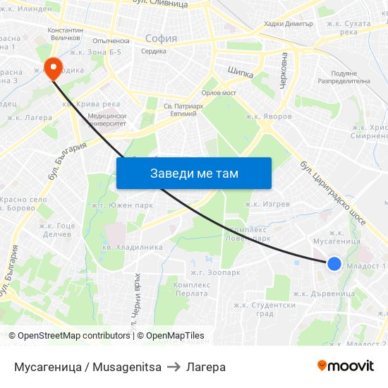 Мусагеница /  Musagenitsa to Лагера map