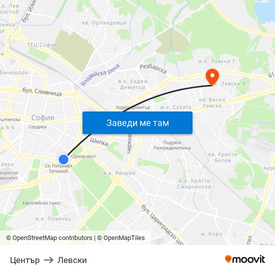 Център to Левски map