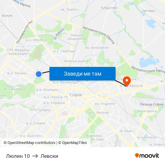 Люлин 10 to Левски map