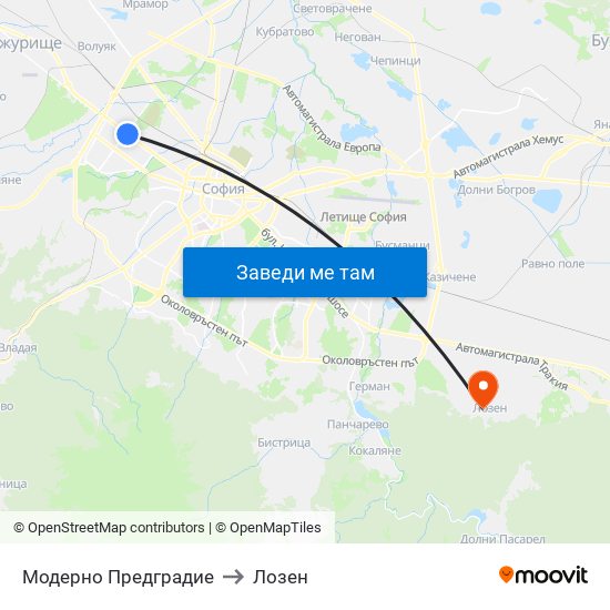 Модерно Предградие to Лозен map