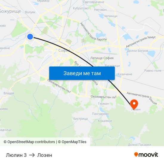 Люлин 3 to Лозен map