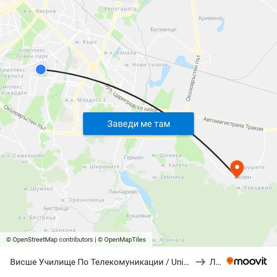 Висше Училище По Телекомуникации / University Of Telecommunications And Post (1396) to Лозен map