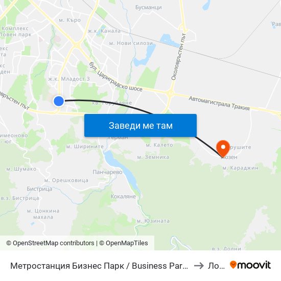Метростанция Бизнес Парк / Business Park Metro Station (2490) to Лозен map