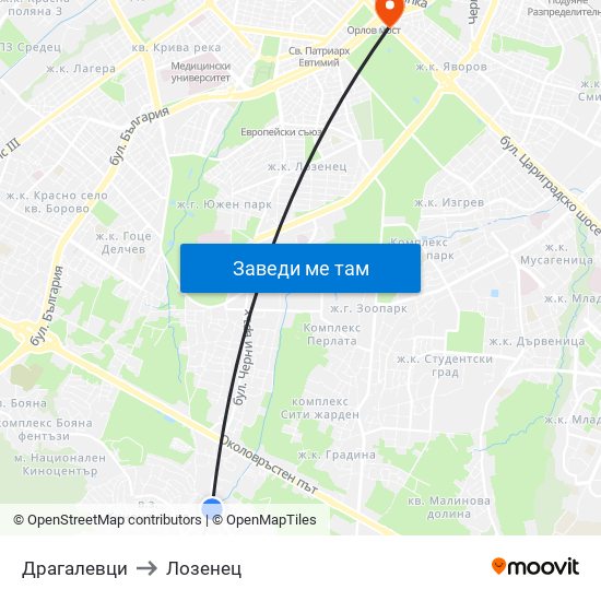 Драгалевци to Лозенец map