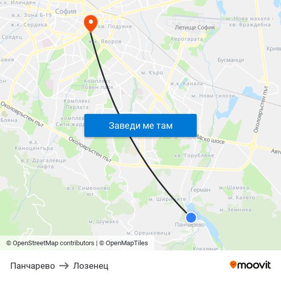 Панчарево to Лозенец map
