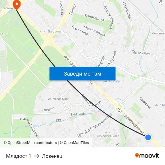 Младост 1 to Лозенец map