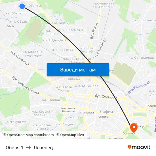 Обеля 1 to Лозенец map