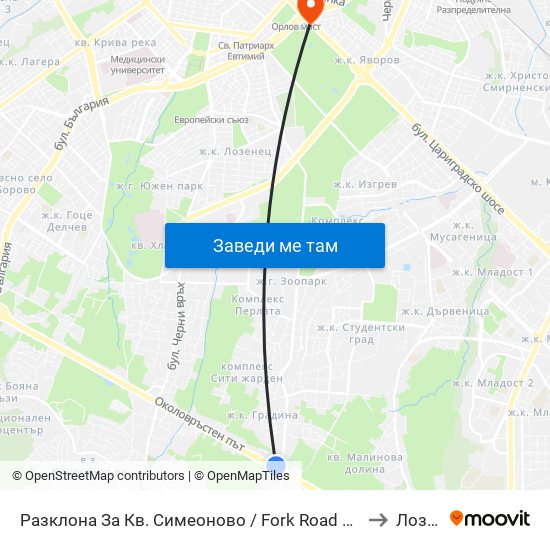 Разклона За Кв. Симеоново / Fork Road To Simeonovo Qr. (1458) to Лозенец map