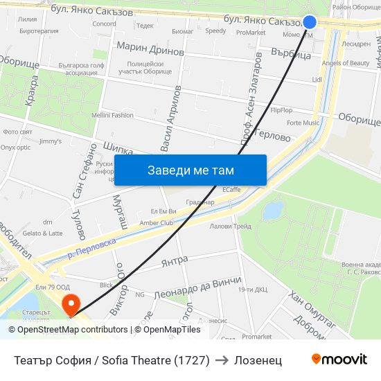 Театър София / Sofia Theatre (1727) to Лозенец map