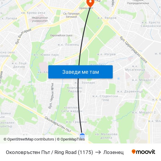 Околовръстен Път / Ring Road (1175) to Лозенец map