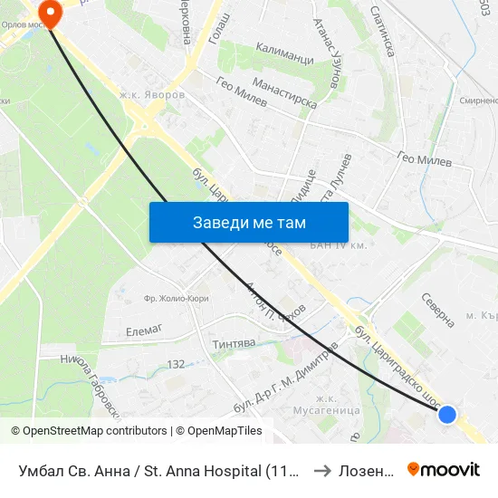 Умбал Св. Анна / St. Anna Hospital (1194) to Лозенец map